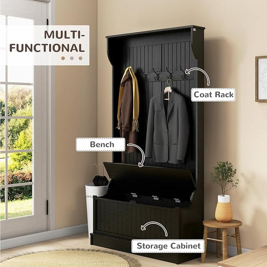 HOMCOM 3-In-1 Hall Tree with Shoe Storage, Standing Coat Rack with Shoe Bench, Entryway Organizer with Five Hooks, Black