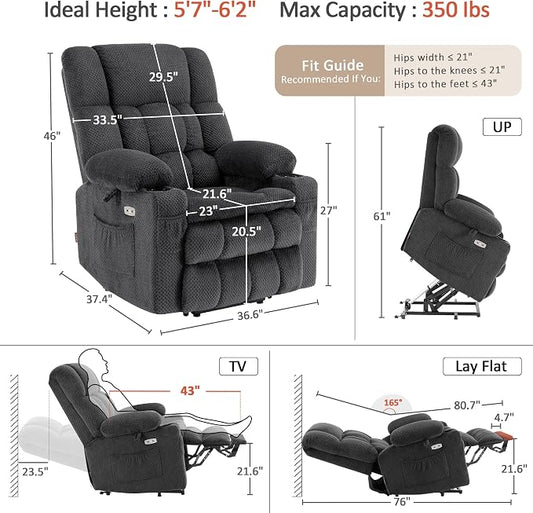 MCombo Large Dual Motor Power Lift Recliner Chair for Elderly, Zero Gravity Lift Chair with Heat and Massage, Infinite Position Lay Flat Recliner, USB Ports, Fabric 7896 (Large, Dark Gray)