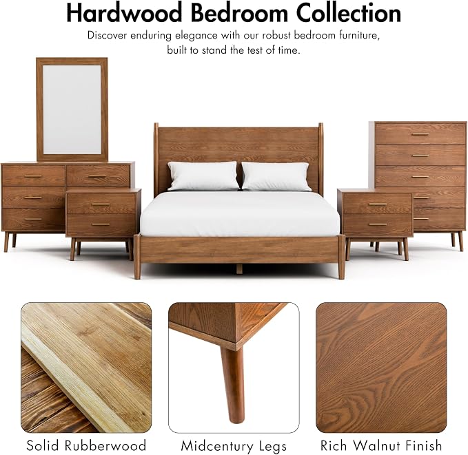 Furniture of America Wyatt Modern Solid Wood Bedroom Collection with Queen Bed Frame, Nightstands, Dresser with Mirror, No Box Spring Needed, Walnut, Standard Platform, 5-Piece Set