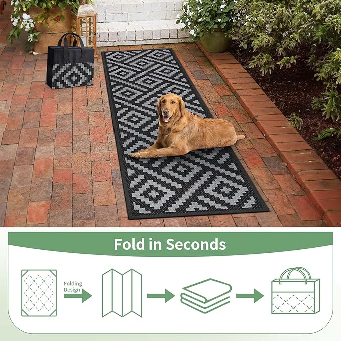 GENIMO Outdoor Rugs 2.5'x8' Waterproof, Reversible Mats, Outdoor Area Rug, Plastic Outside Carpet, Eeometric Rv Mat for Patio Camping Rv Picnic Backyard Deck Balcony Porch Beach (Black & Grey)