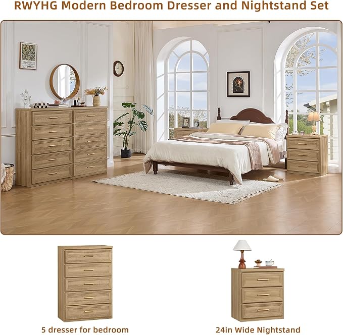 RWYHG Dresser for Bedroom with 5 Drawers 45" Tall Wood Closet Organizer with Metal Handle Furniture for Living Room Hallway Oak