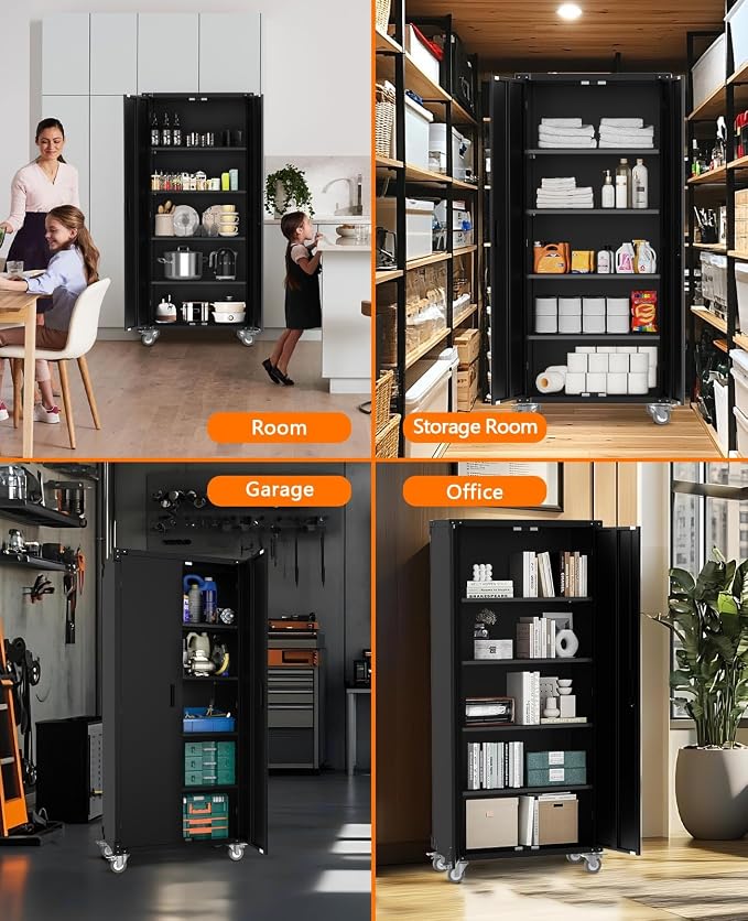 Garvee Storage Metal Cabinet 71" with Doors and 4 Shelves Adjustable Adjustable Feet and Lock Tall Storage Cabinet for Pantry Garage Craft Bedroom Office Shop