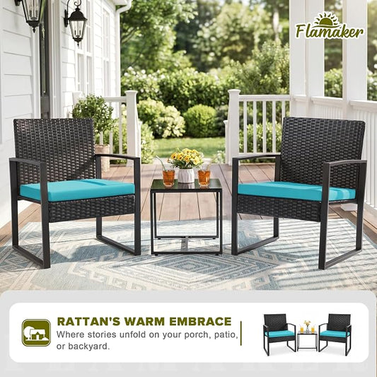 Flamaker Patio Set Outdoor Wicker Furniture, Modern Bistro Set with Rattan Chair and Coffee Table for Yard (Blue)