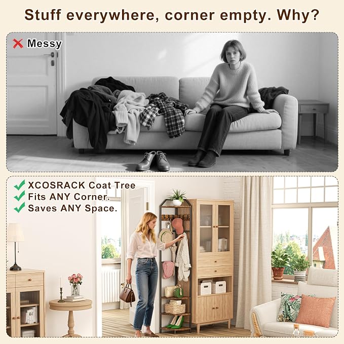 X-cosrack Corner Hall Coat Tree Freestanding with 10 Movable Hook, Shelf-Adjustable Coat Rack Stand for Purse, Hat, Bag and Shoe, Narrow for Small Space Living Room Bedroom Office Entryway Storage