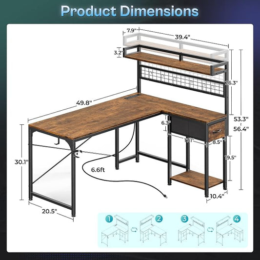PRAISUN L Shaped Gaming Desk with Shelves, Corner Computer Table with LED Lights, Power Outlets and USB-C Ports, 50 Inch Reversible Home Office Desk with Storage Drawer, Work and Study, Rustic Brown