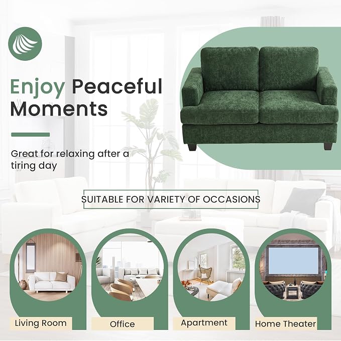 YOUDENOVA 2 Piece Set Comfy Sofa Couch, Loveseat Sofa * 2 with Deep Seats, Modern Sleeper Couch for Living Room, Green Chenille
