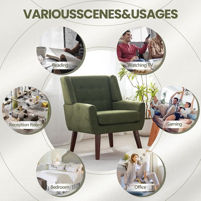HUIMO Accent Chairs for Living Room,Button-Tufted Upholstered Armchair with Wooden Legs,Comfy Mid Century Modern Chair for Bedroom Apartment Waiting Room Green