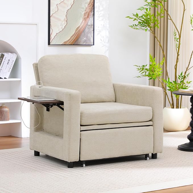 3 in 1 Folding Convertible Sleeper Sofa Bed Pull Out Couch with Side Pockets USB Port Side Table Single Sofa Bed with Adjustable Backrest for Living Room Bedroom 66" 66" Lightbrown 1 SEAT