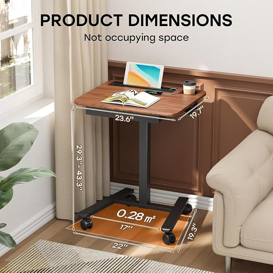 Small Mobile Standing Desk with Drawer, 23.6"x19.7" Rolling Laptop Cart on Wheels, Height Adjustable Sit Stand Computer Workstation with Storage for Compact Space, Dark Wood