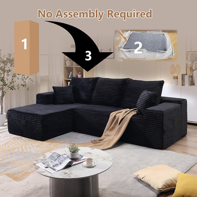 107" W Modular Sectional Sofa, Upholstered Corduroy Cloud Couch with Deep Seat, Modern 3-Seater L-Shaped Sofa for Living Room, No Assembly Required (Black, Left-Facing Chaise)