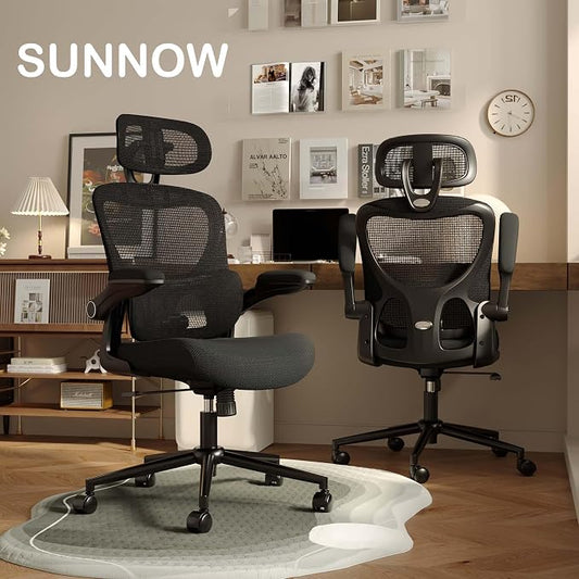 SUNNOW Ergonomic Office Chair, Comfy Mesh Desk Chair, High Back Computer Gaming Chairs with Adjustable Lumbar Support, Flip-Up Arms, Headrest, Tilt Function, Wide Cushion, Swivel Wheel, BIFMA Quality