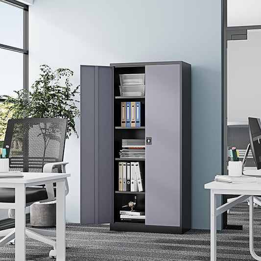 Fesbos 71” Tall Metal Storage Cabinet- Steel File Cabinets with Lockable Doors and Adjustable Shelves-Black&Gray Steel Storage Cabinet for Home,Kitchen, School, Office, Garage