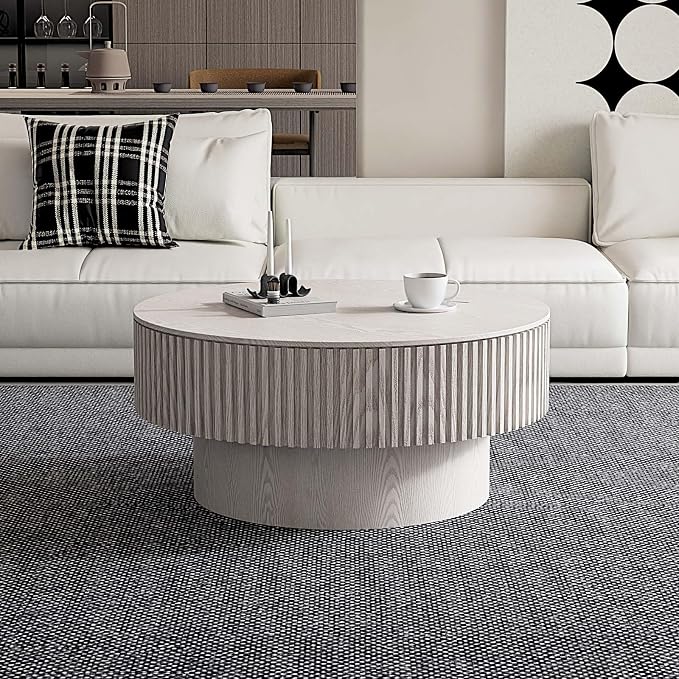 Round Coffee Table with Storage, Modern Wooden Coffee Table with Solid Wood Veneered, Circle Center Table Accent Tea Table for Living Room Small Space (31.5''L × 31.5''W × 14''H, Retro White)