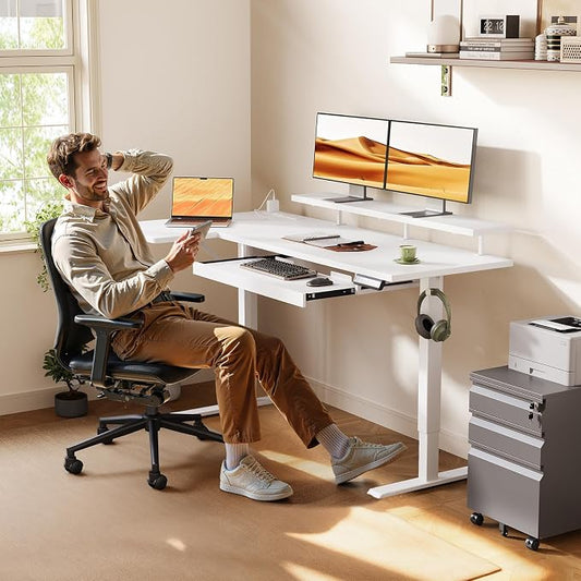 OffiGo 55 Inch Electric L Shaped Standing Desk with Keyboard Tray, Reversible Height Adjustable Corner Computer Desk with Monitor Stand, Sit Stand Up Lift Table for Home, Office, White