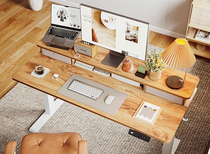 BANTI 55x24 Inch Electric Standing Desk with Dual Drawers, Height Adjustable Stand Up Table, Sit Stand Home Office Desk with Storage Shelf, White Frame/Light Rustic Brown Top
