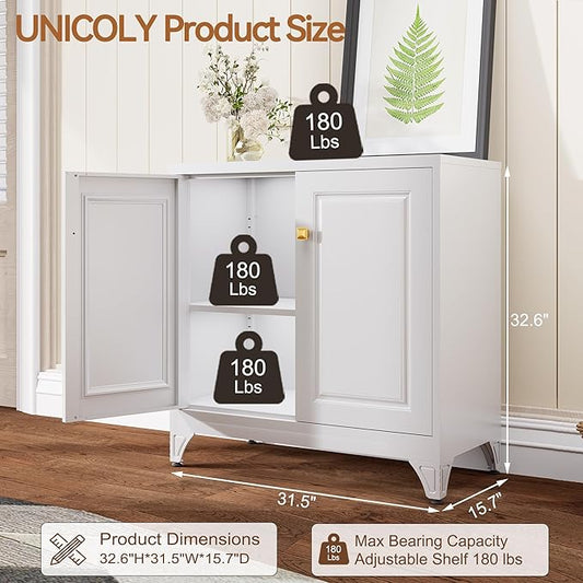 UNICOLY Sideboard Buffet Cabinet, 33" H Sideboard Buffet Storage Cabinet with Doors and Shelves, Coffee Bar, Metal Side Board Cabinets for Living Room, Assembly Required, White