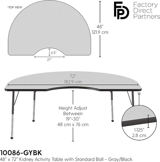 FDP Kidney Activity School and Office Table (48 x 72 inch), Standard Legs with Ball Glides for Collaborative Seating Environments, Adjustable Height 19-30 inches - Gray Top and Black Edge