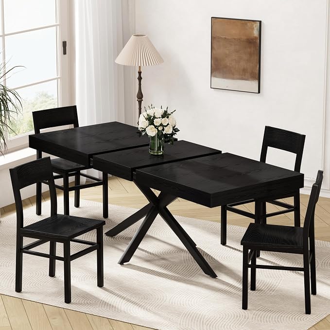5-Piece Dining Table Set for 4 6 8, Large 55"-70.9" Extendable Dining Room Table Rectangle with Kitchen Chairs of 4, MDF Wood & Metal Frame for Apartment Kitchen, Saving Space, Modern, Black