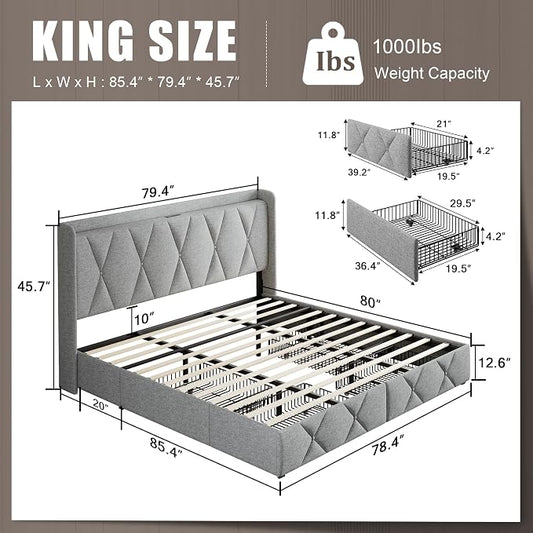 Einhomn King Size Bed Frame with 4 Storage Drawers and Charging Station, Upholstered Platform Bed Frame with Storage Headboard, No Box Spring Needed, Easy Assembly, Light Grey