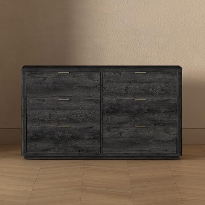 Manhattan Comfort Evelyn 60" Wide Modern Wood Dresser with 6 Drawers, Premium Storage Drawers with Rounded Edges and Brushed Gold Handles, Versatile Home Furniture, Charcoal Gray