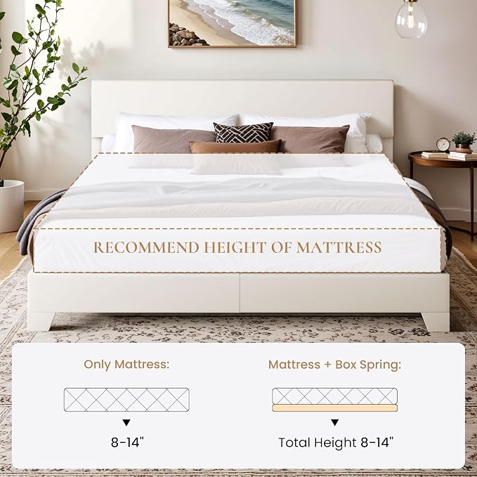 SHA CERLIN PU Leather Upholstered King Size Bed Frame with Headboard,White | Adjustable Low-Profile Platform Bed, Minimalist Design, Stable Mattress Foundation, Strong Back-Support, No Box Spring Needed