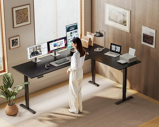 OffiGo 71 Inch Reversible L Shaped Electric Standing Desk, Height Adjustable Corner Stand up Desk, Ergonomic Large Lift Computer Table for Home, Office, Workstation, Black