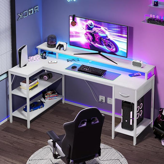 DUMOS 53” Gaming Desk with USB Charging Ports & LED Lights, Reversible L Shaped Desks Computer Corner Gamer Table with Power Outlets Monitor Stand Storage Shelves for Home Office Small Space, White