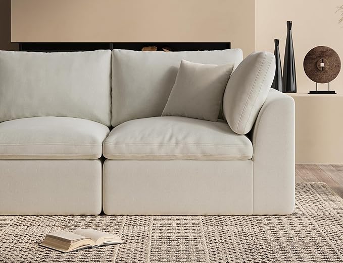ohllob 110" Cloud Sectional Couches for Living Room, Boneless U Shaped Couch with Ottoman, 3 Seater Modular Sectional Sofa, Warm White