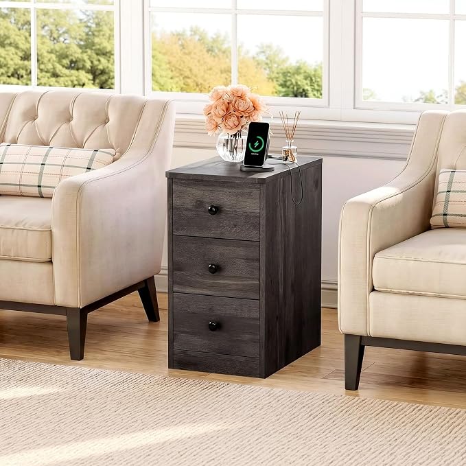 LIKIMIO Nightstand with Charging Station, Narrow Bedside Table with 3 Drawers, End Table with USB Ports and Outlets, Side Table for Living Room/Bedroom Modern, Charcoal Grey