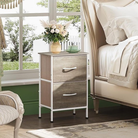 WLIVE Night Stand, Greige Nightstand with 2 Fabric Drawers, Small Dresser for Bedroom, Bedside Table End Table with Storage Drawer, College Dorm, Dormitory, Greige Oak