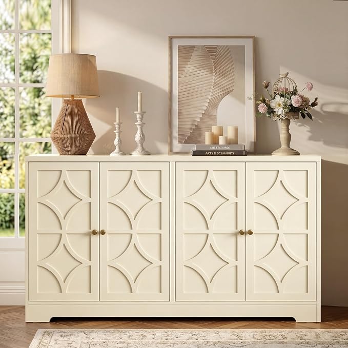 RoyalCraft Sideboard Buffet Cabinet with Storage, 56" Modern Sideboard with 4 Carved Doors, Large Wood Coffee Bar Console Table for Kitchen, Dining Room, Entryway, Living Room, Beige