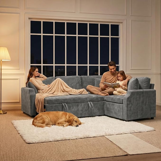 ROCANT 82 inch Modular Sectional Couch with Pull Out Bed, 5-Seat L-Shaped Chenille Sleeper Sofa with Reversible Chaise and 2 Pillows, Grey