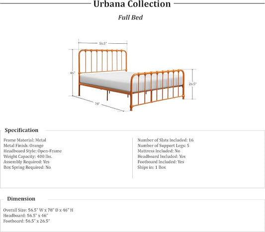 Lexicon Full Metal Bed Frame, Platform Bed with Strong Metal Slat Support Under Bed Storage, Full Bed Frame with Headboard, No Box Spring Needed, Easy Assembly, Full, Orange