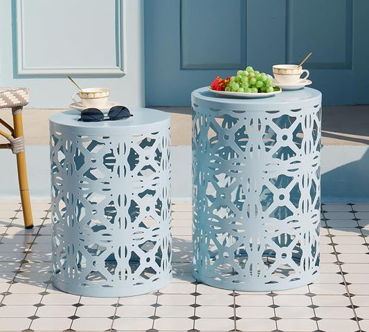 HFHOME Set of 3 Metal Outdoor Side Table, Nesting Round Coffee Table for Indoor Outdoor, Heavy Duty End Tables Plant Stand Living Room Garden Stool - Blue
