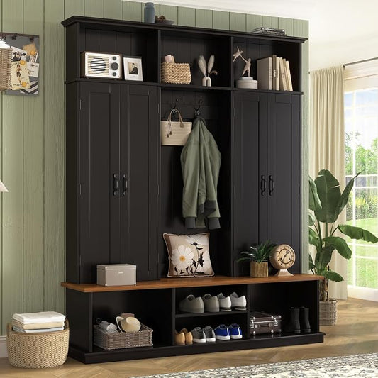 Hall Tree with Bench and Shoe Storage,Shoe and Coat Rack with Drawer and Hooks,Farmhouse Furniture for Entryway,Mudroom,Living Room,Black (Black, 62.2" W)