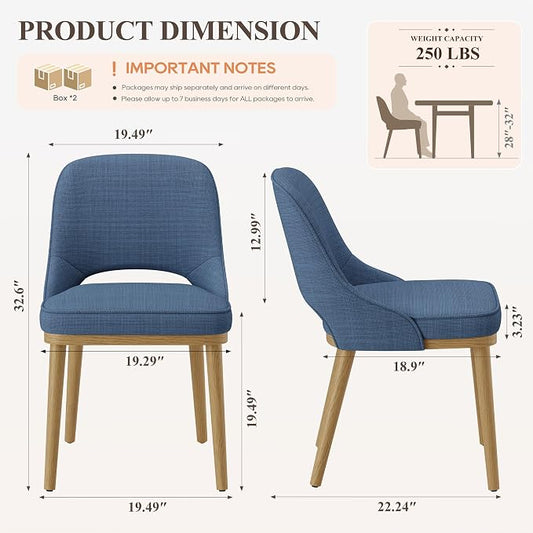 Modern Upholstered Dining Chairs Set of 4, Open Back with Solid Wood Legs, Ergonomic Curved Back Fabric Kitchen Chairs for Dining Room & Kitchen, Living Room Side Chairs, Farmhouse, Blue