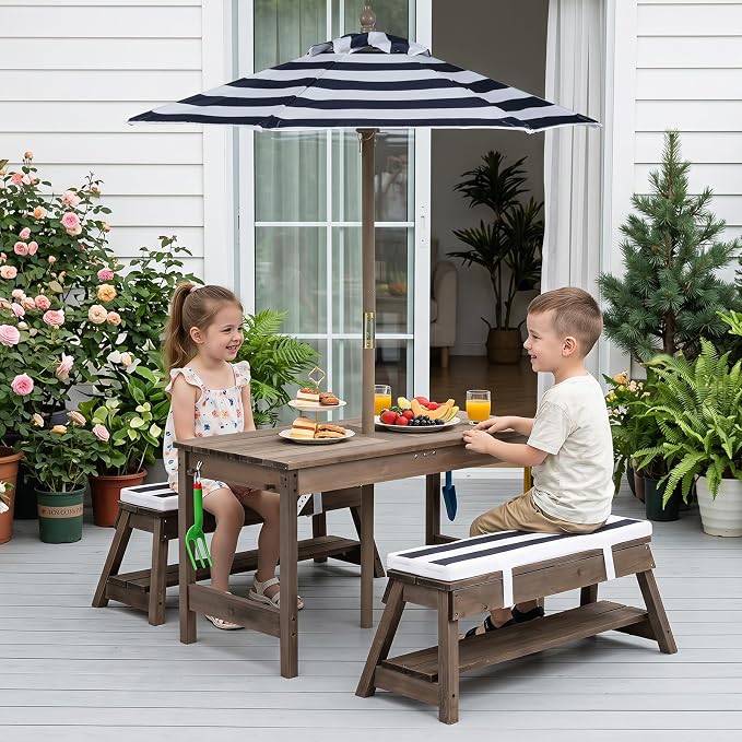 HONEY JOY Kids Picnic Table, 4 in 1 Fir Wood Toddler Sand & Water Table w/Removable Box & Umbrella, Waterproof Cover, Garden Tools, Children Outdoor Table and Bench Set with Cushions (Blue)