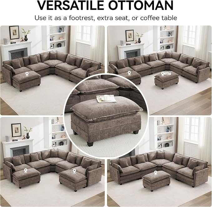 35‘’ Modern Chenille Cloud Sofa Ottoman,Rectangle Ottoman for Modular Sectional Sofa, Brown