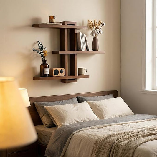 yaqew Variable Floating Shelves Wood Set of 3, Cube Wall Mounted Shelves 28.35" Max, Wall Shelves for Living Room Bathroom Bedroom Farmhouse - Light Walnut Color - 28.35" x 23" x 4.3" Max