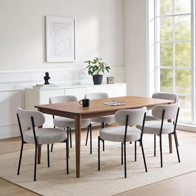 DUMOS Dining Chairs Set of 4, Mid Century Modern Chair Round Upholstered Curved Backrest, Kitchen Vanity Living Room Chairs with Black Metal Legs,Classic Grey
