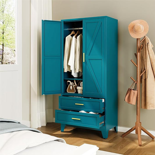 YAUWOH Farmhouse Wardrobe Cabinet with 2 Drawers,Metal Wardrobe Closet with Hanging Rod,Metal Armoire with Adjustable Shelves for Bedroom,Cloak Room,Office (Blue)