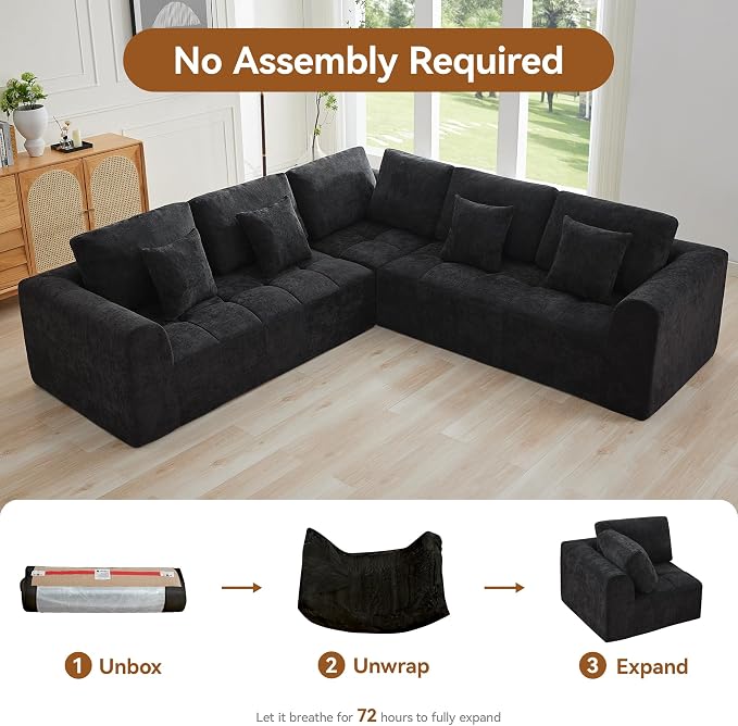 110''Modular Sectional Couches for Living Room, Cloud Boneless Compressed Sectional Sofa, Oversized L Shaped 5 Seater Upholstered Memory Foam Sofa, No Assembly, Chenille Black