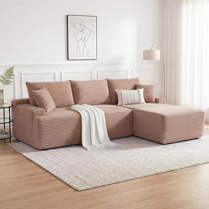 Mangodan Cloud Sectional Sofa, Boneless Couch for Living Room, Modular Sectional Sofa with Deep Seat, Fluffy L-Shaped Comfy Couch with Right-Facing Chaise, No Assembly Required, Camel