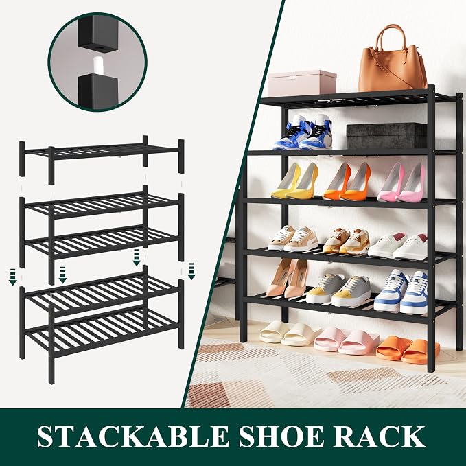 Smiry Small Bamboo Shoe Rack, 5 Tier Free Standing Wooden Shoe Organizer, Stackable Wood Shoe Storage Shelf for Closet, Entryway, 14 Vertical Slats, 2+2+1 Stack Thicker Legs, 17.3"x11"x32.5", Black