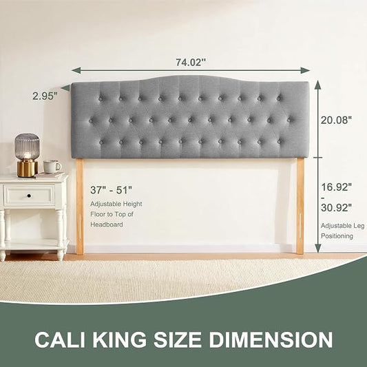 Tufted Headboard California King Size, Sturdy Solid Wood Head Board, Gray | Upholstered California King Headboard with Solid Wood Legs, Adjustable Height 37-51 in, Fabric Button Diamond HeadBoards