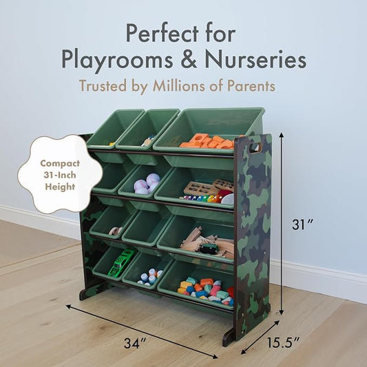 Humble Crew Toy Storage Organizer with 12 Removable Storage Bins for Kids Playroom, 4-Tier Toddler Toy Organization, Army Green Camo