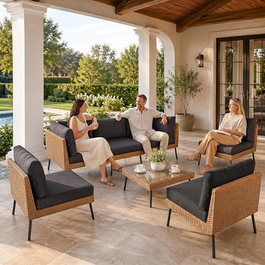 Aoxun 7-Piece Patio Furniture Set, Wicker Outdoor Furniture with Water Resistant Thick Cushions, Patio Conversation Set Outdoor Sectional Sofa with Coffee Table for Backyard Poolside, Black