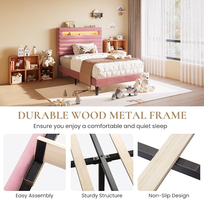 SHA CERLIN Twin Bed Frame with LED Light & 2-Tier Storage Shelf, Velvet Upholstered Adjustable Headboard with Charing Station, Horizontal Channel Tufted, No Box Spring Needed, Easy Assembly, Pink