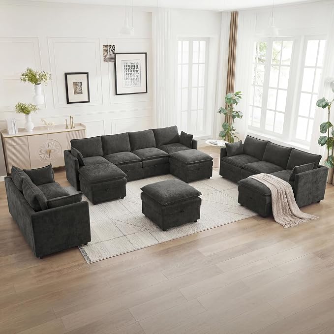 105" Cloud Modular 4 Seater Sofa with 2 Storage Ottoman, Modern Upholstered Sofa Storage Sofa Couch Deep Seat, U Shape Sectional Sofa Chenille Comfy Couch with Armrests for Living Room, Dark Grey