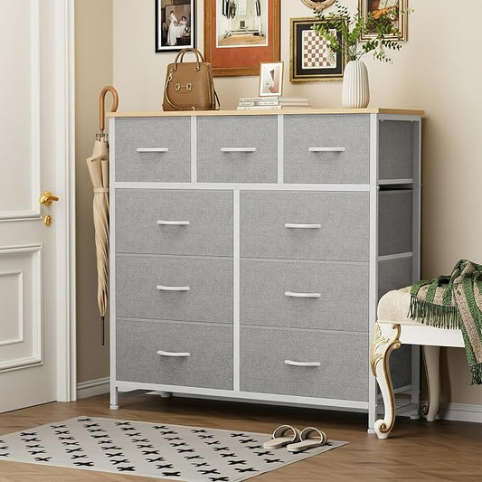 Sweetcrispy 9 Drawer Fabric Dresser Storage Tower with Wood Top and Steel Frame, Organizer Chest with Easy Pull Handles for Bedroom, Closet, Hallway,Light Gray